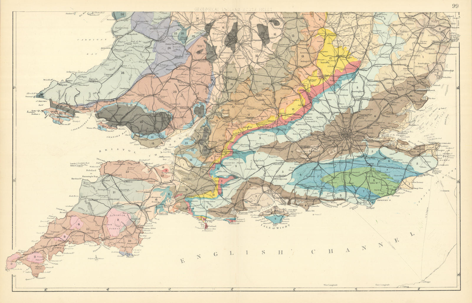 GEOLOGICAL ENGLAND & WALES (South sheet) antique map by GW BACON 1891 old